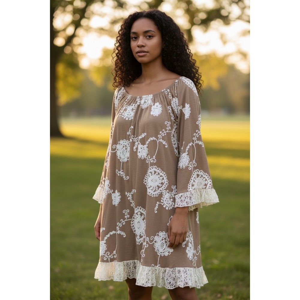 2B Together Boho Floral Lace Trim Mini Dress Tunic Taupe Brown Size M